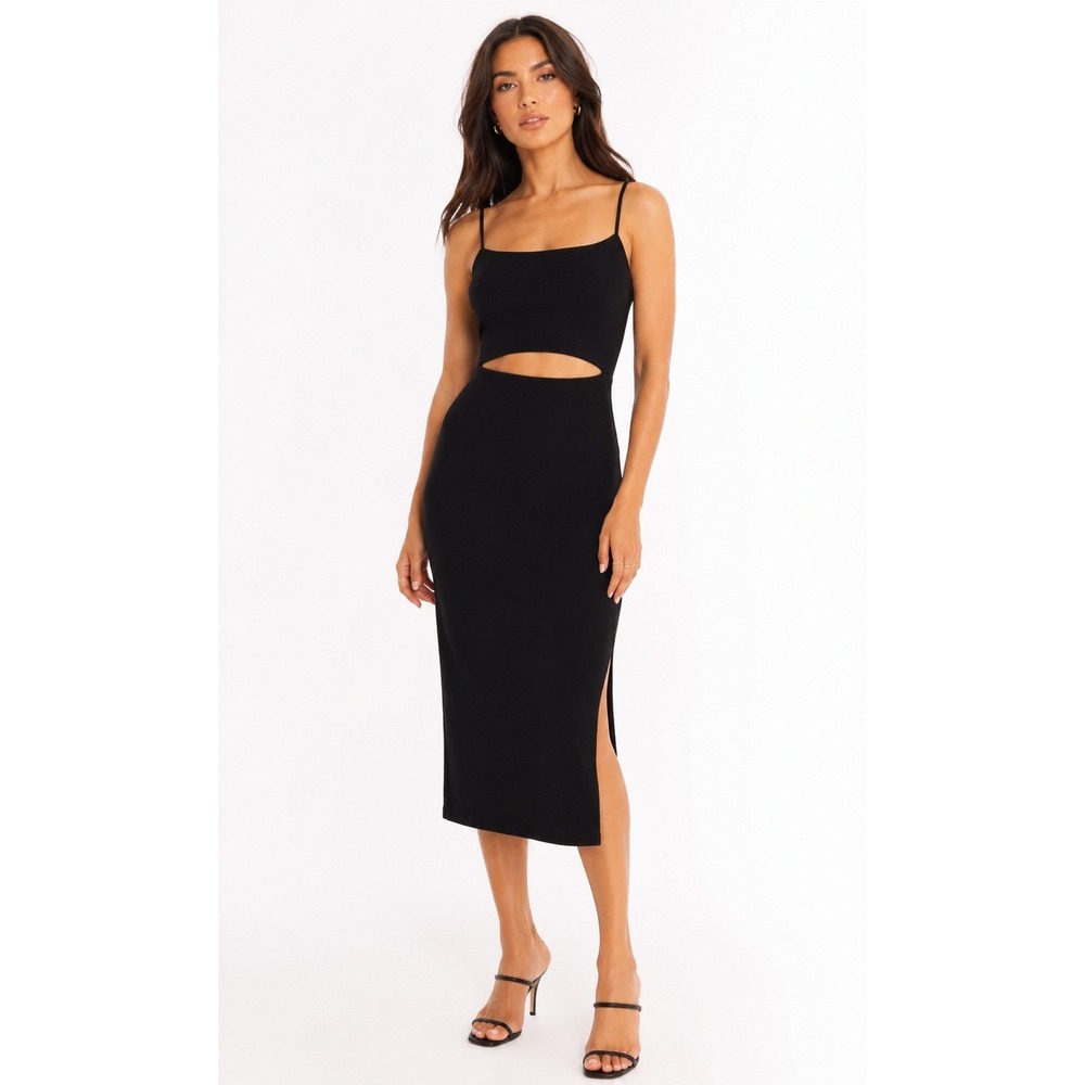 WAYF Womens Black Ribbed Cutout Midi Bodycon Dress Spaghetti Strap Size Medium